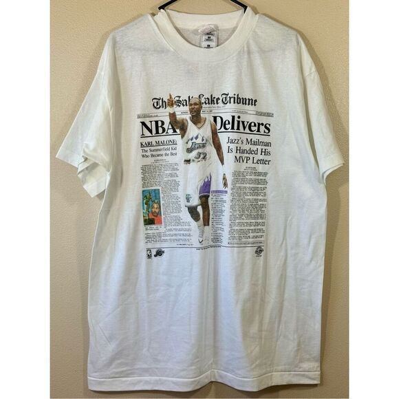 NWT Vintage Fruit of the Loom Utah Jazz Karl Malone Salt Lake Tribune NBA Shirt - Picture 1 of 9